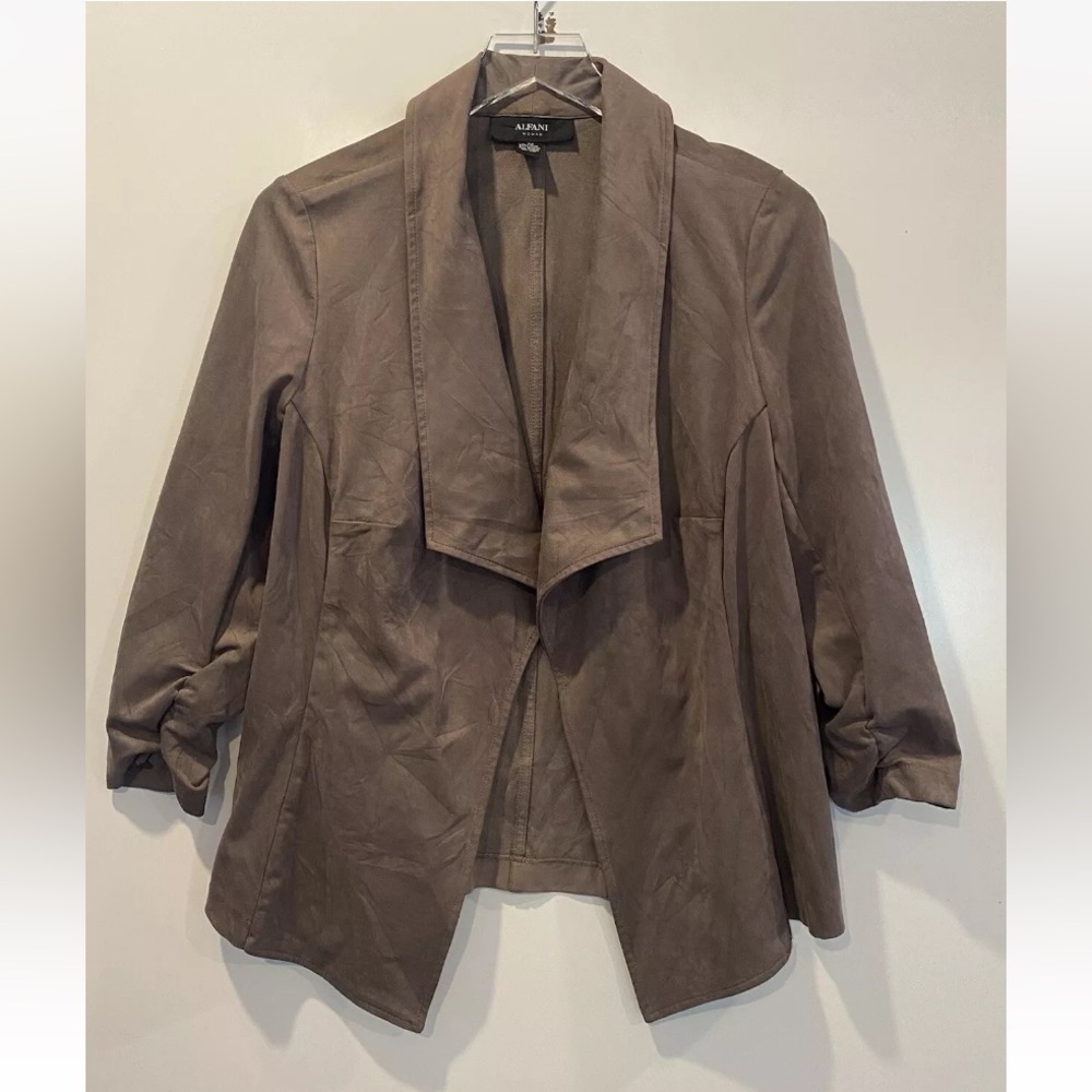 Alfani‎ Woman Faux Suede Open Front Draped Jacket Taupe Brown Ruched Sleeve 0X